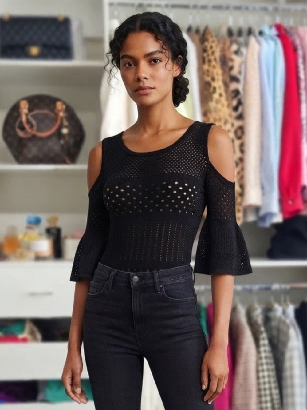 Candie's Black Cold-Shoulder Knit Top with Flared Sleeves Size XS